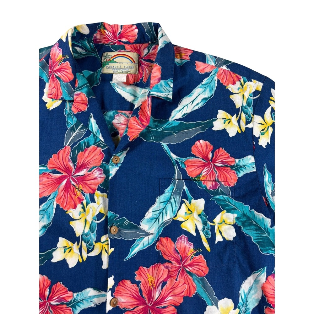 VTG Paradise Found LL Bean Hawaiian Shirt Mens L Blue Hibiscus Floral Made USA